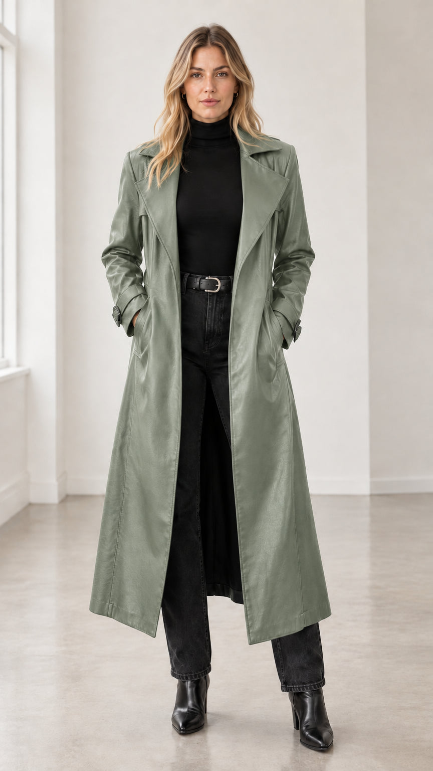 Front view of woman wearing sage green full-length faux leather trench coat