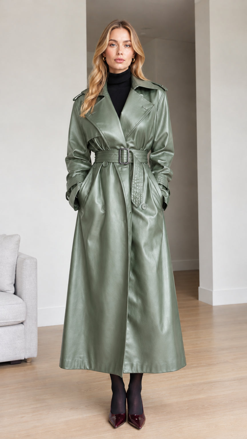 Front view of model wearing sage green faux leather maxi trench coat