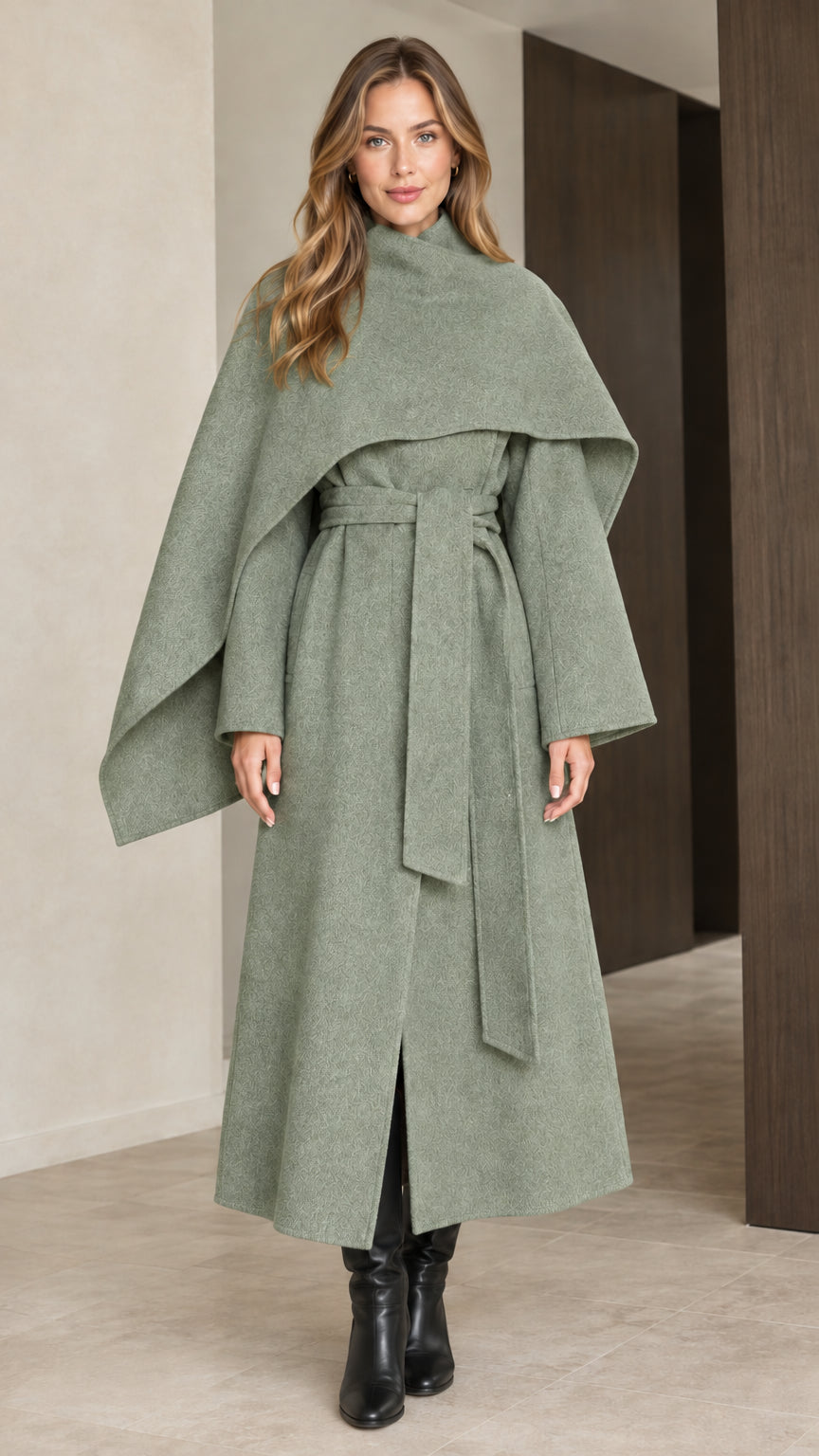 Full-length front view of woman wearing sage green capelet long belted overcoat