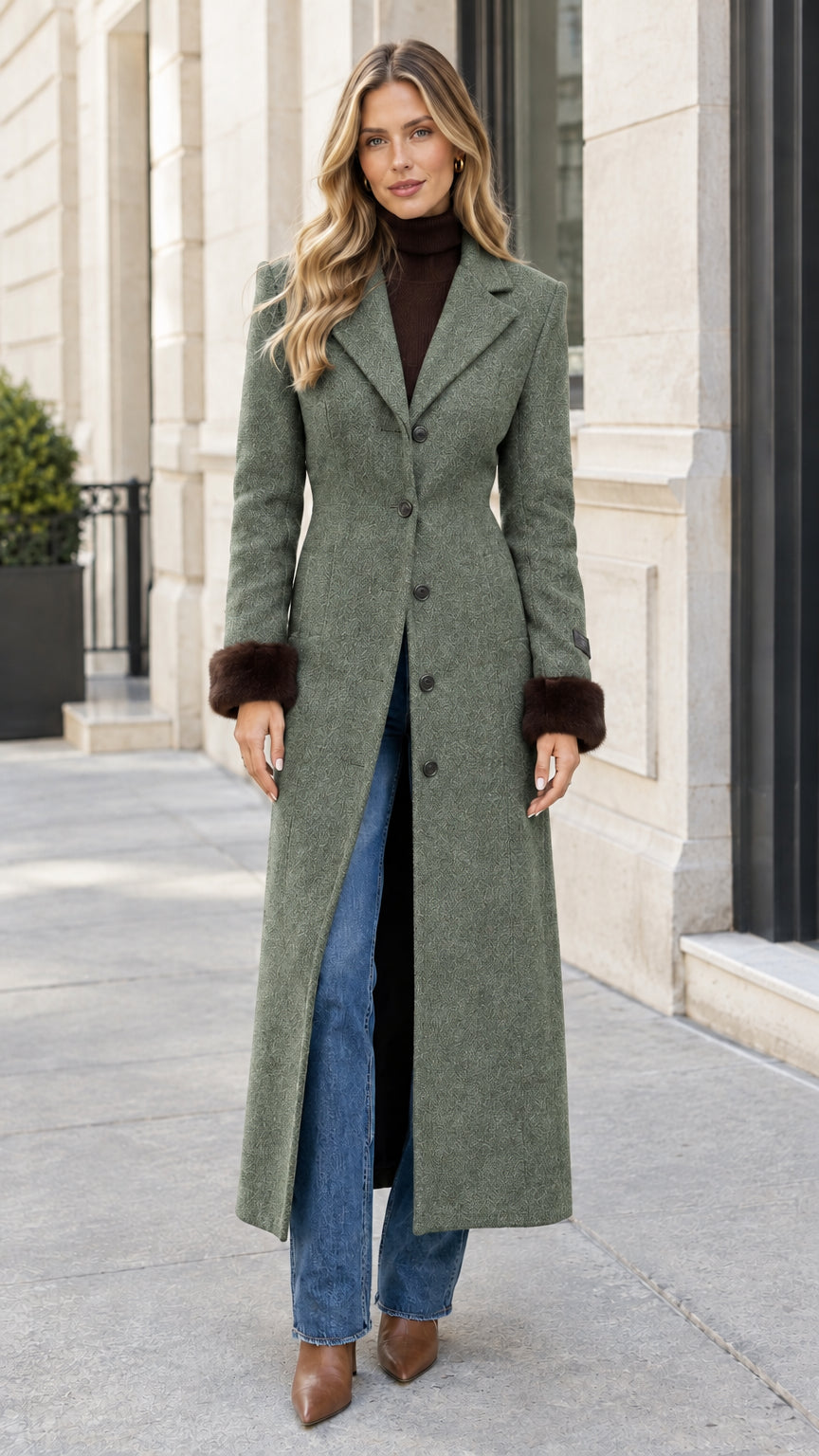 Full-length view of woman wearing sage green tailored maxi coat with fur cuffs