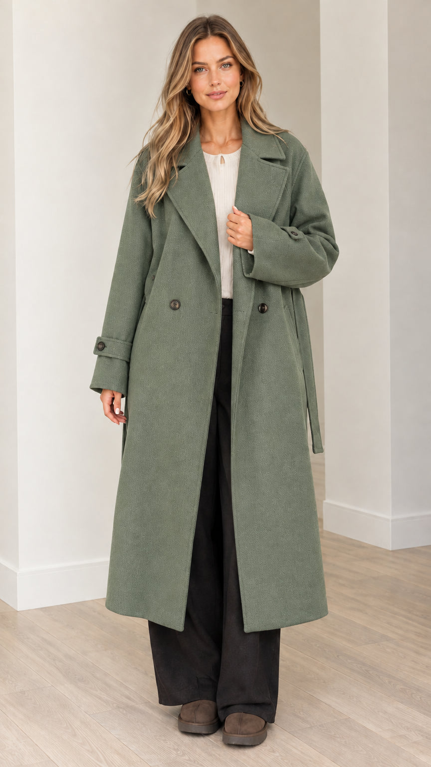 Front view of woman wearing sage green longline belted overcoat