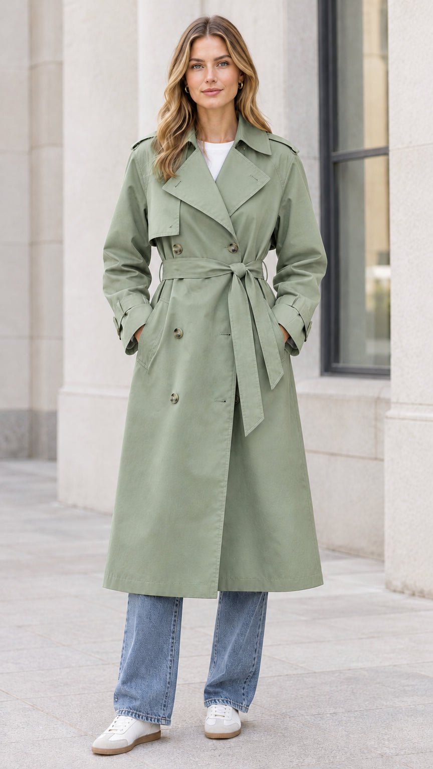 Front full-length view of woman wearing sage green double-breasted long trench coat