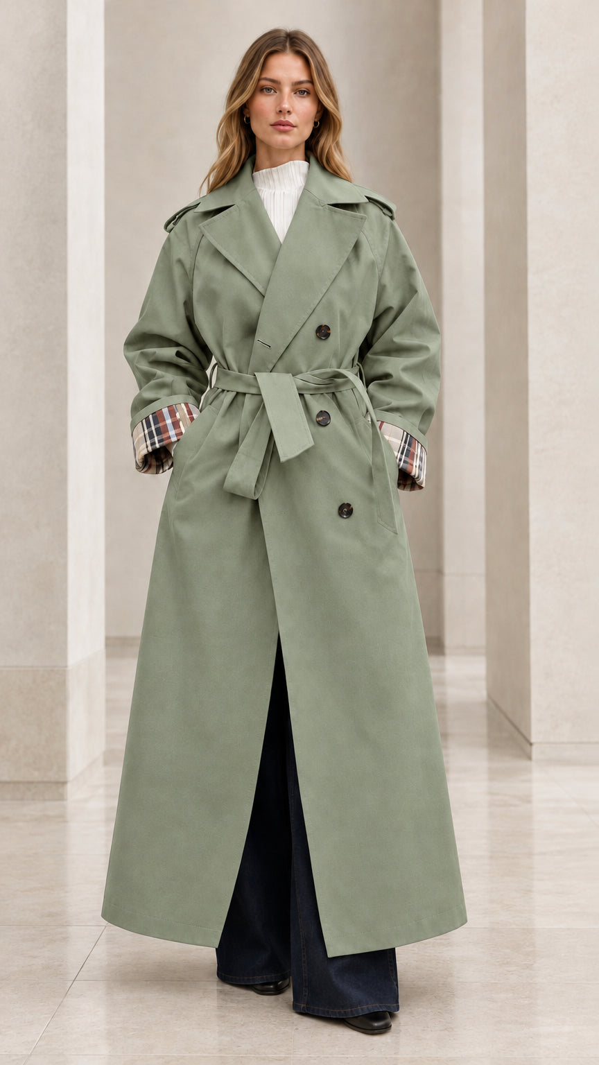 Front full-length view of woman wearing sage green double-breasted maxi trench coat