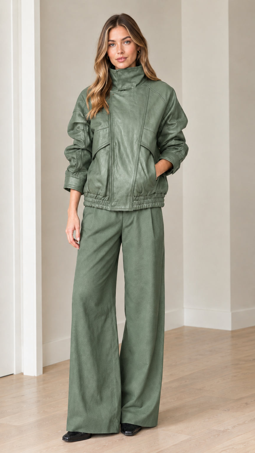 Front view of model wearing sage green faux leather bomber jacket and matching pants set