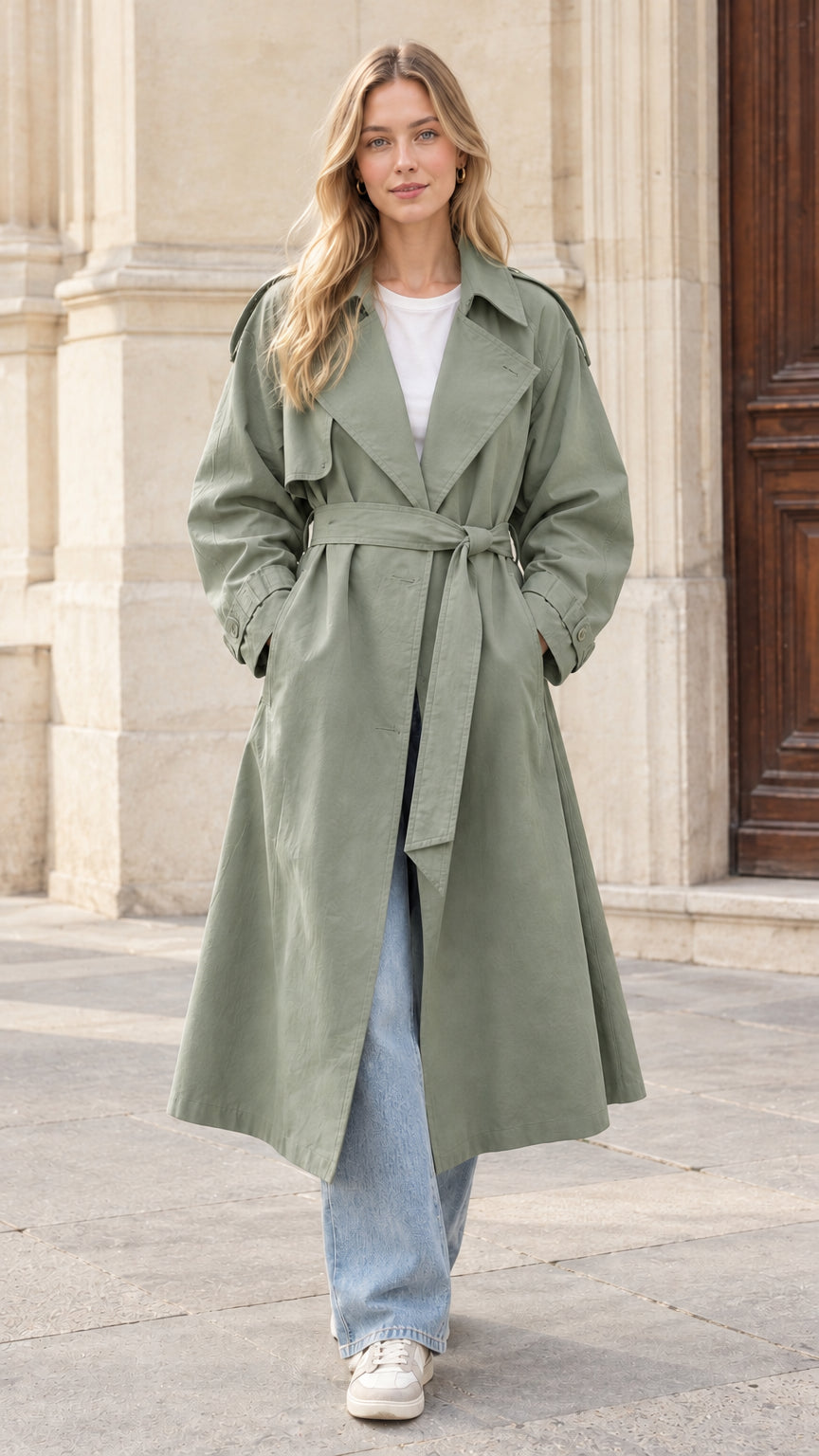 Front view of woman wearing a sage green longline belted trench coat