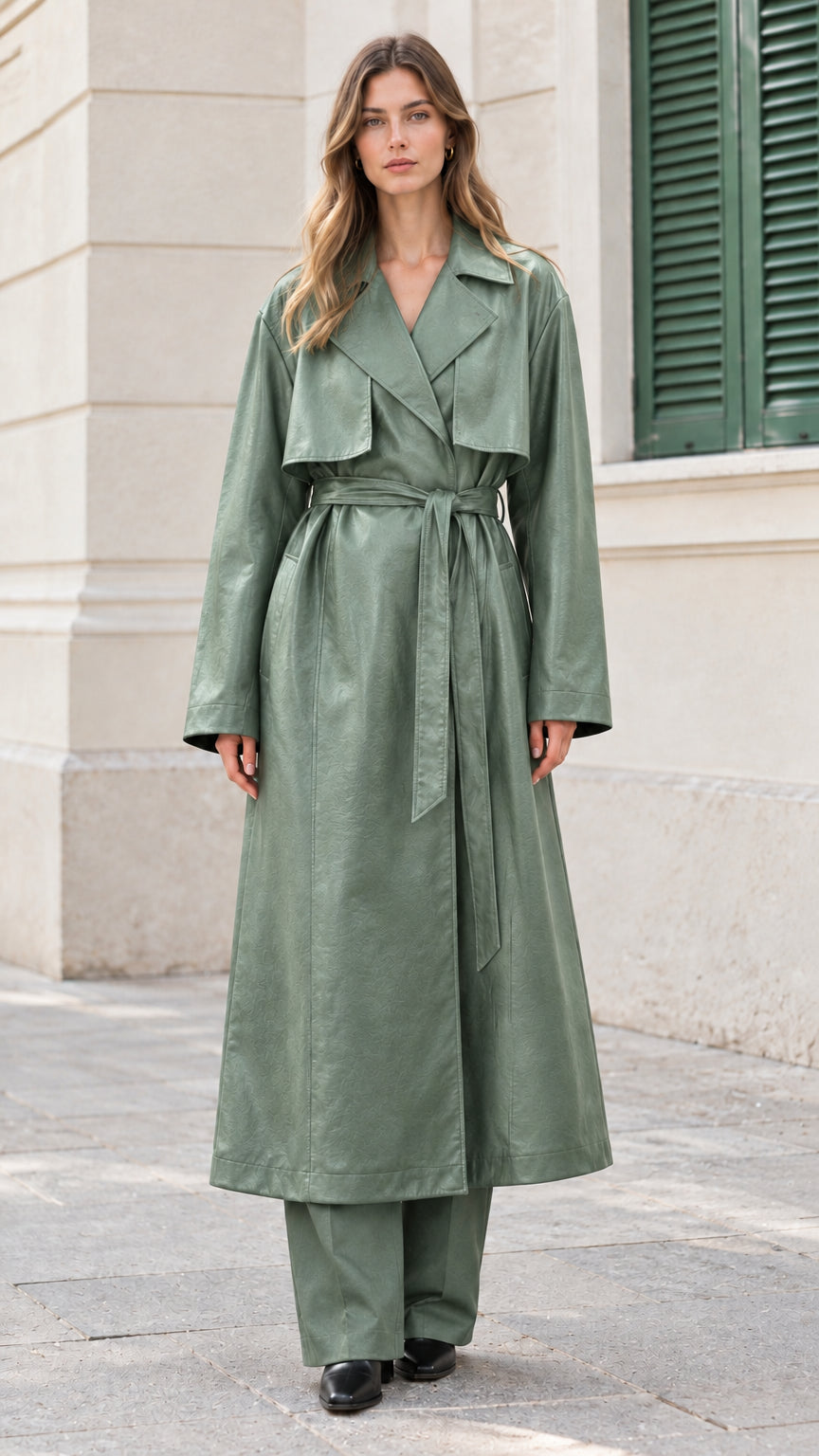 Front view of model wearing sage green belted faux leather trench coat