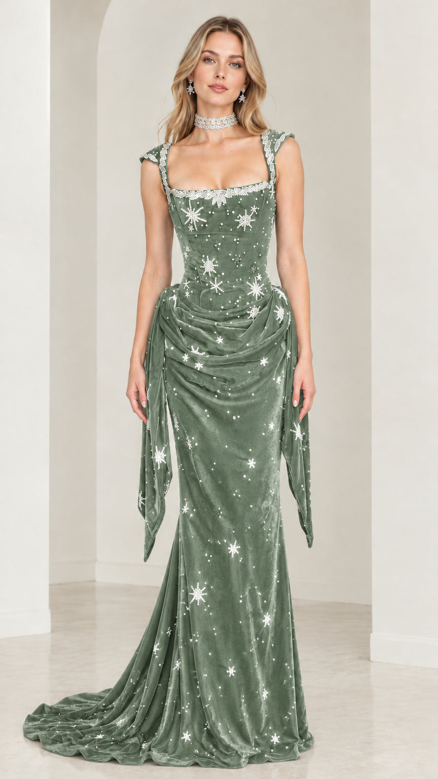 Front view of model wearing Sage Green celestial beaded velvet gown with floor-length hem