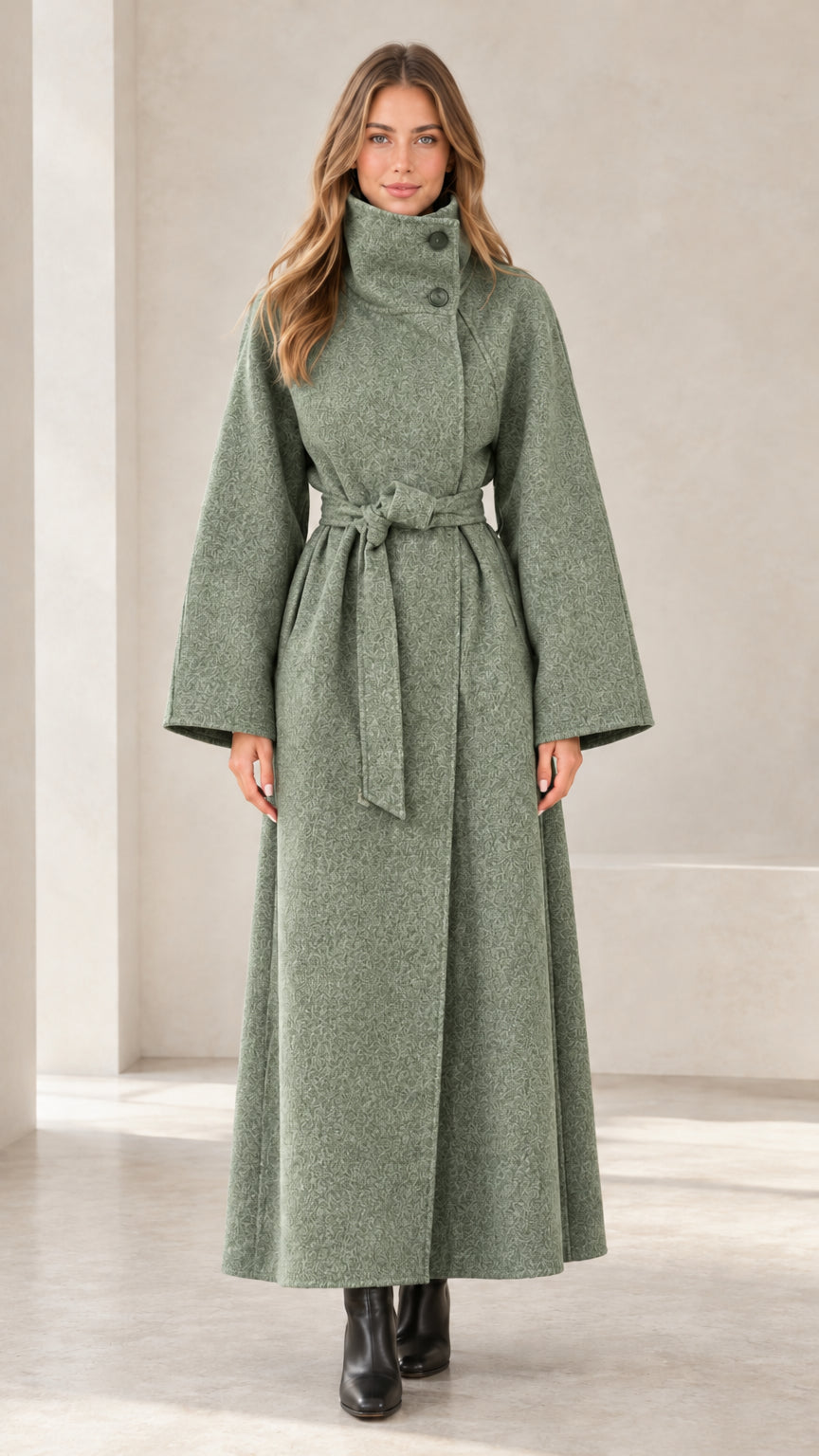 Front view of women's sage green high-neck maxi belted trench coat