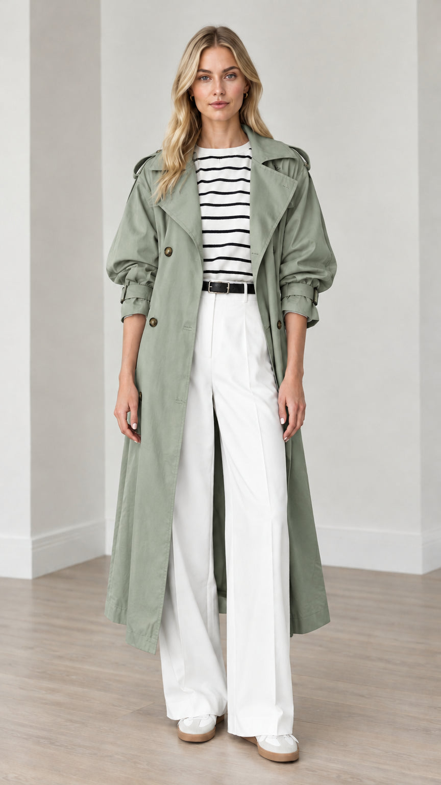 Full-length front view of woman wearing sage green double-breasted long trench coat