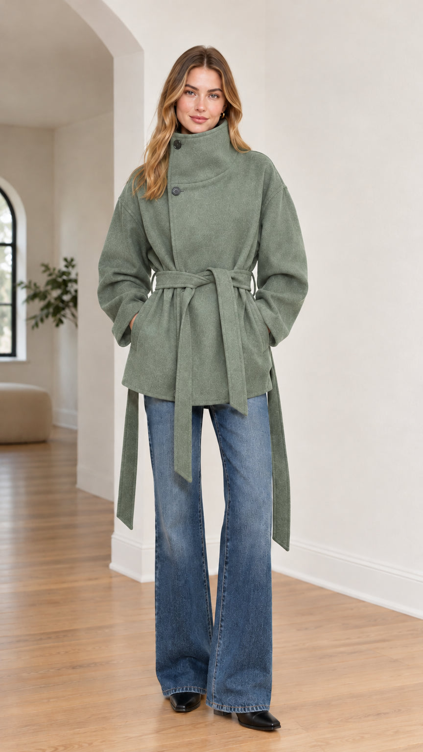 Front view of model wearing sage green high-neck belted wrap coat with jeans
