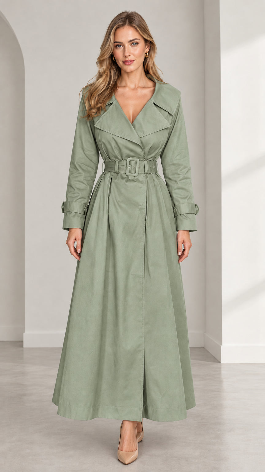 Full front view of women's sage green maxi belted trench coat
