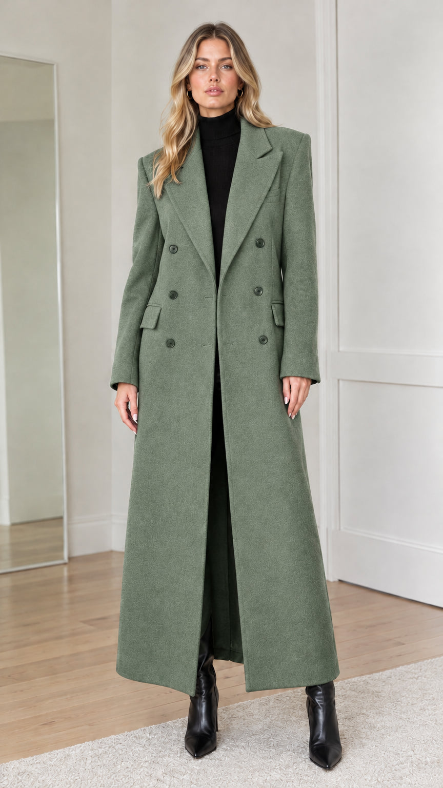 Full-length front view of woman wearing sage green double-breasted maxi overcoat