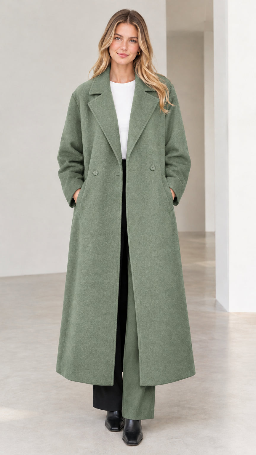 Full-length view of woman wearing sage green tailored long coat