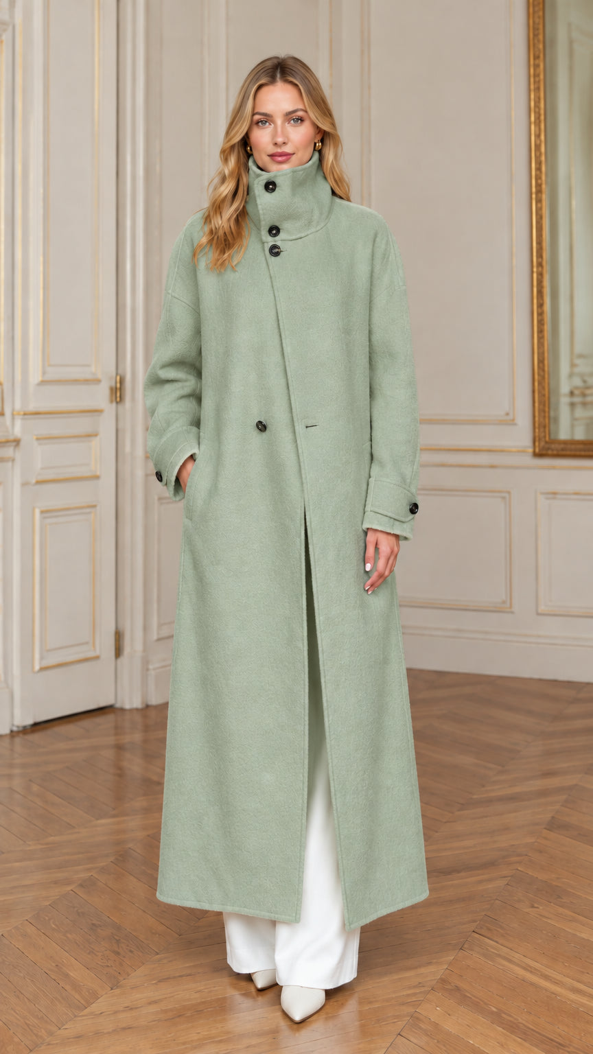 Front view of the tailored stand collar maxi overcoat in soft sage green