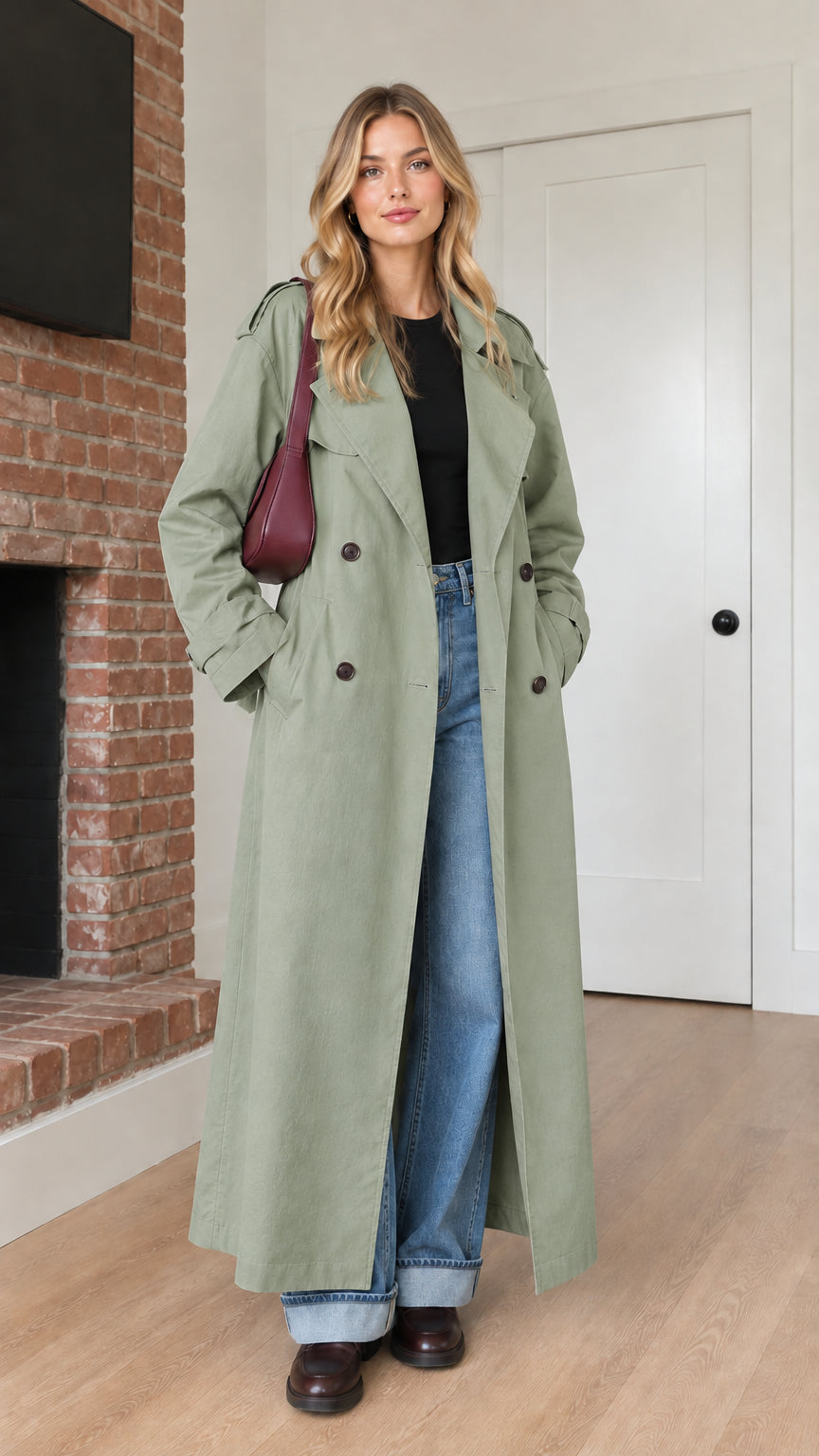Front view of model wearing sage green double-breasted maxi trench coat