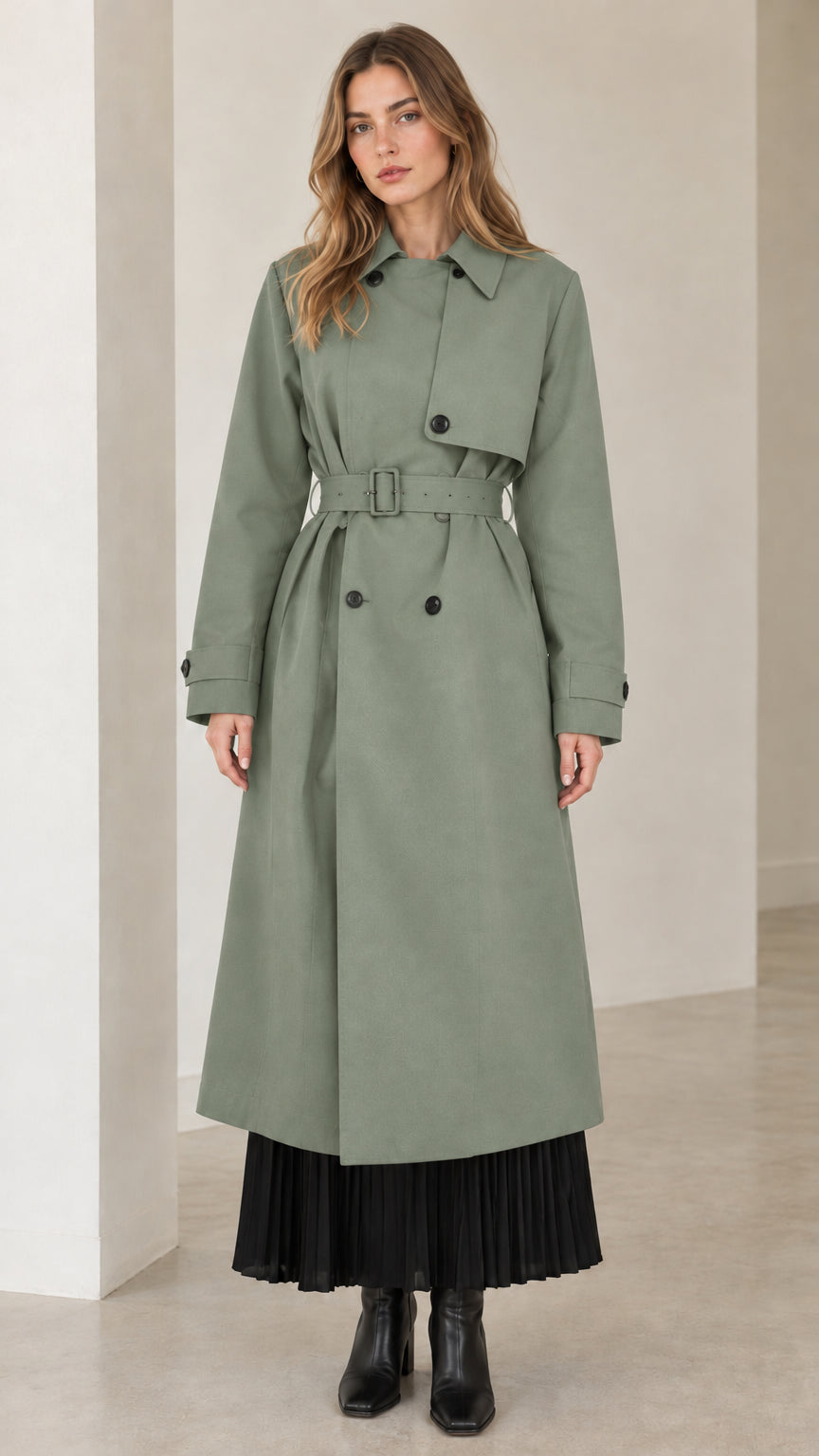 Front view of model wearing sage green maxi belted trench coat