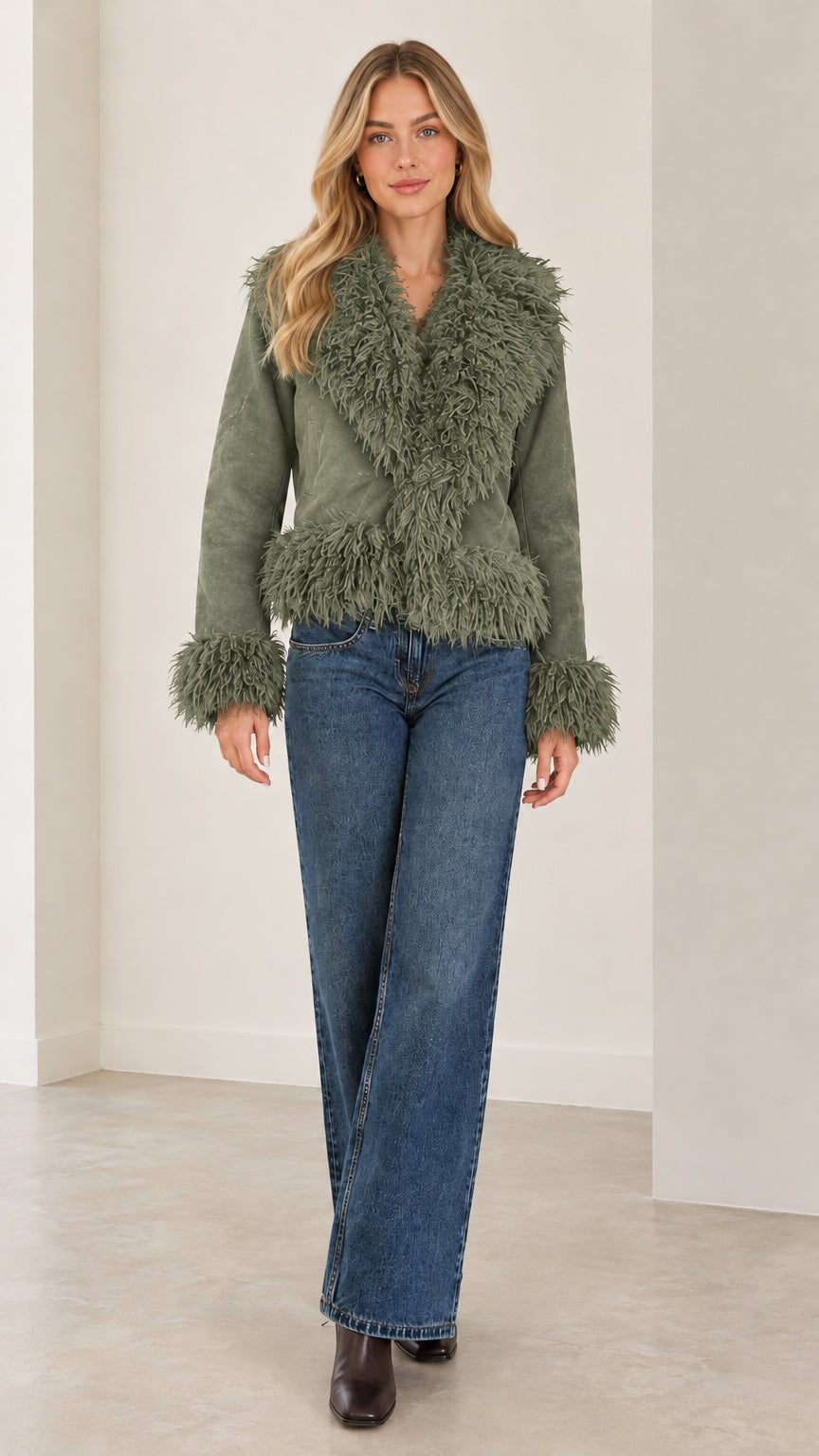 Full front view of the sage green faux suede jacket styled with wide-leg blue jeans