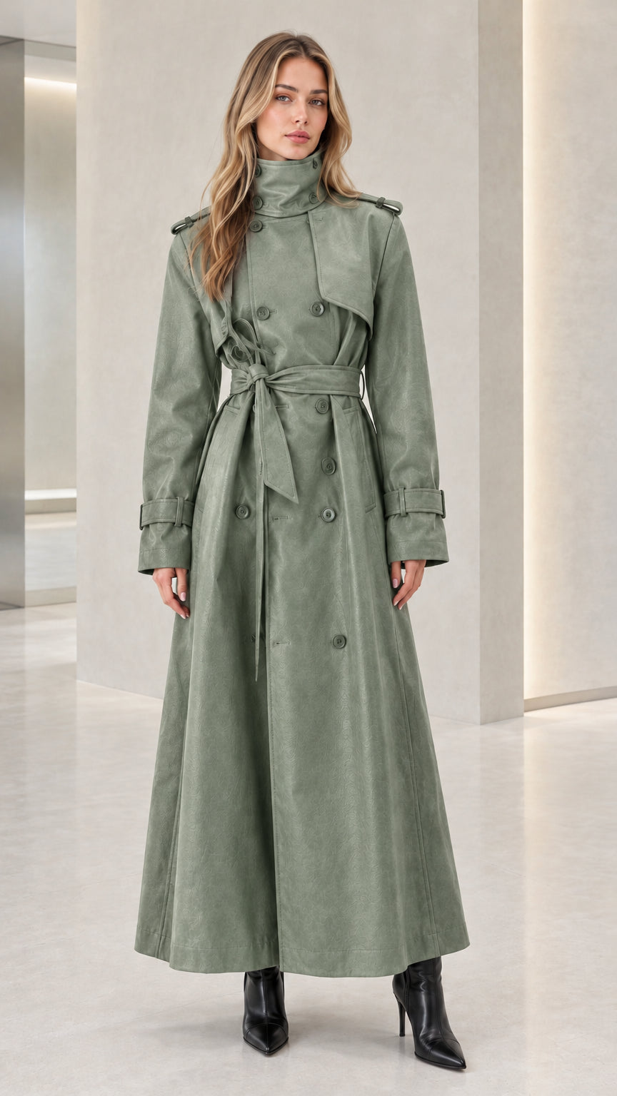 Full-length view of women's sage green double-breasted maxi trench coat