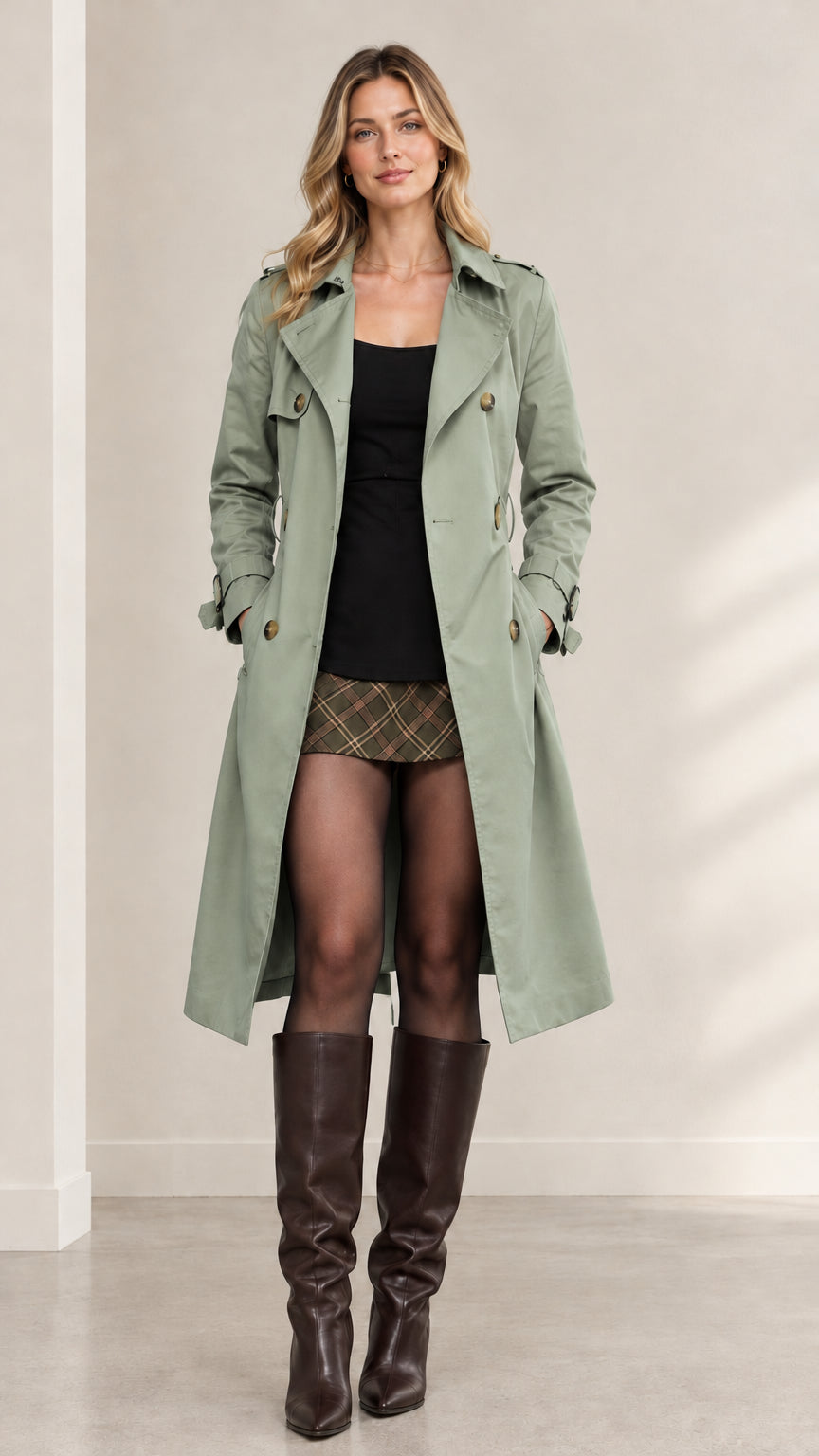 Full front view of model wearing sage green double-breasted long trench coat