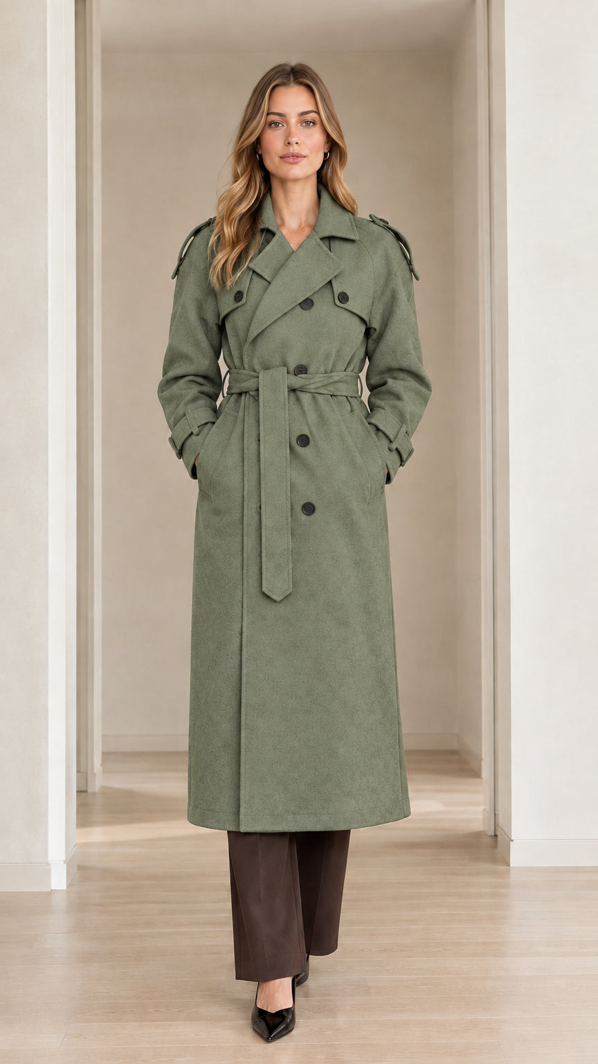 Front view of model wearing sage green double-breasted long trench coat