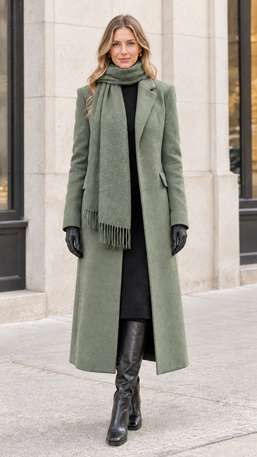 Model wearing sage green longline tailored overcoat paired with matching scarf