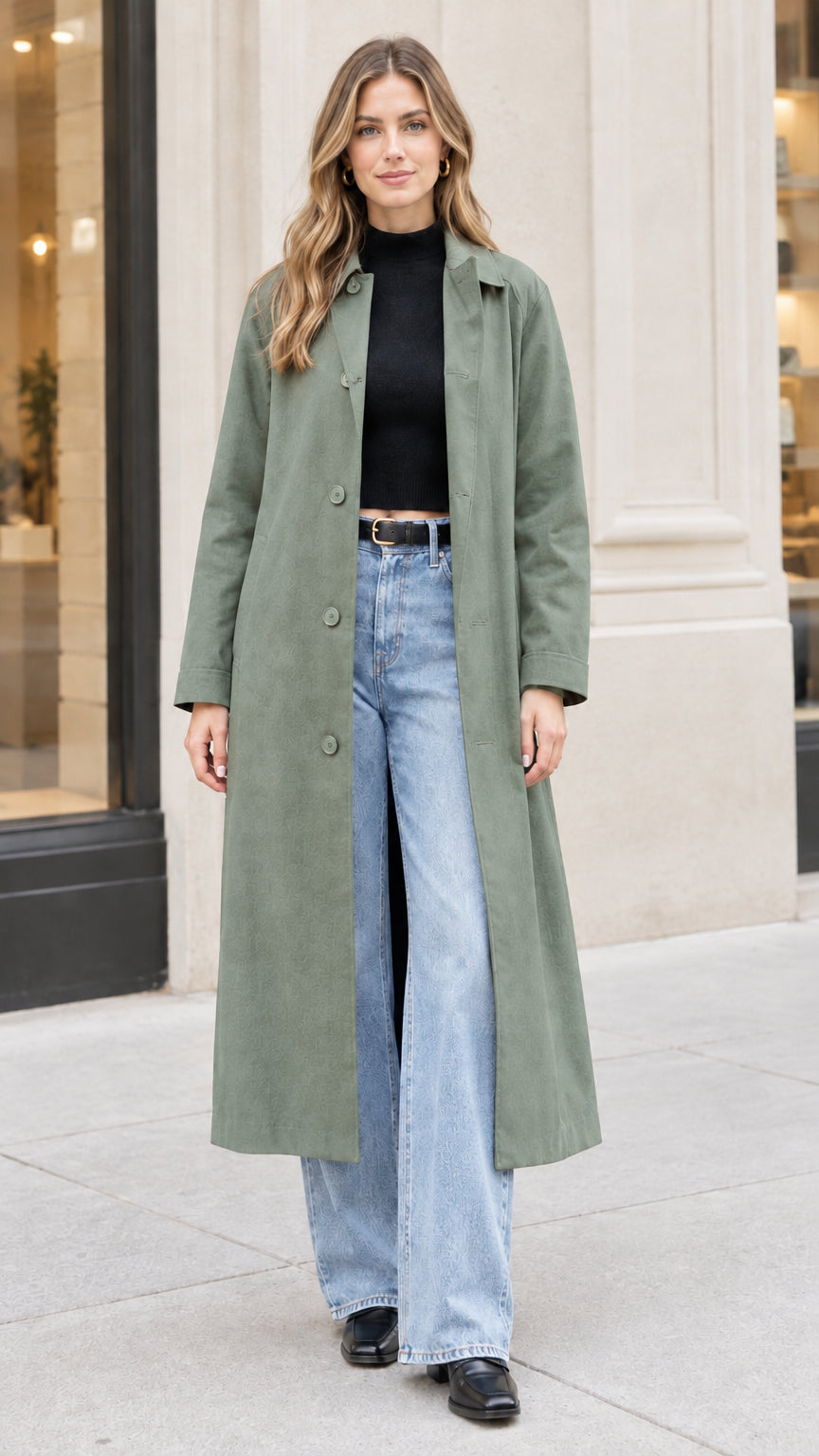Front view of woman wearing Sage Green longline trench coat open over jeans