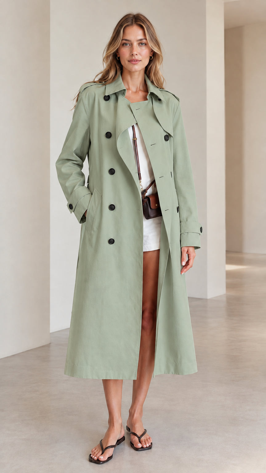 Front view of woman wearing sage green double-breasted long trench coat