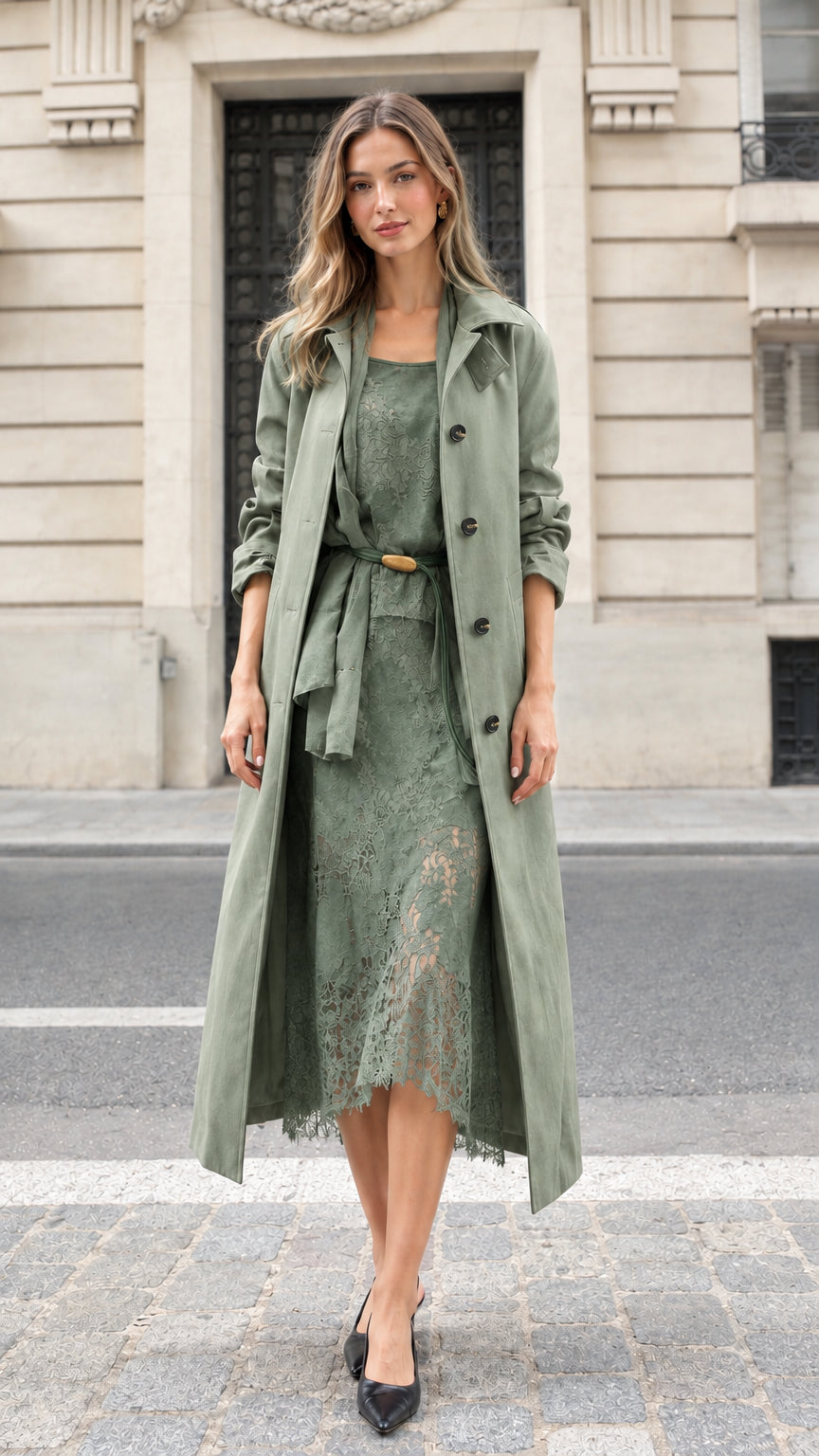 Model wearing sage green trench coat and lace midi dress set