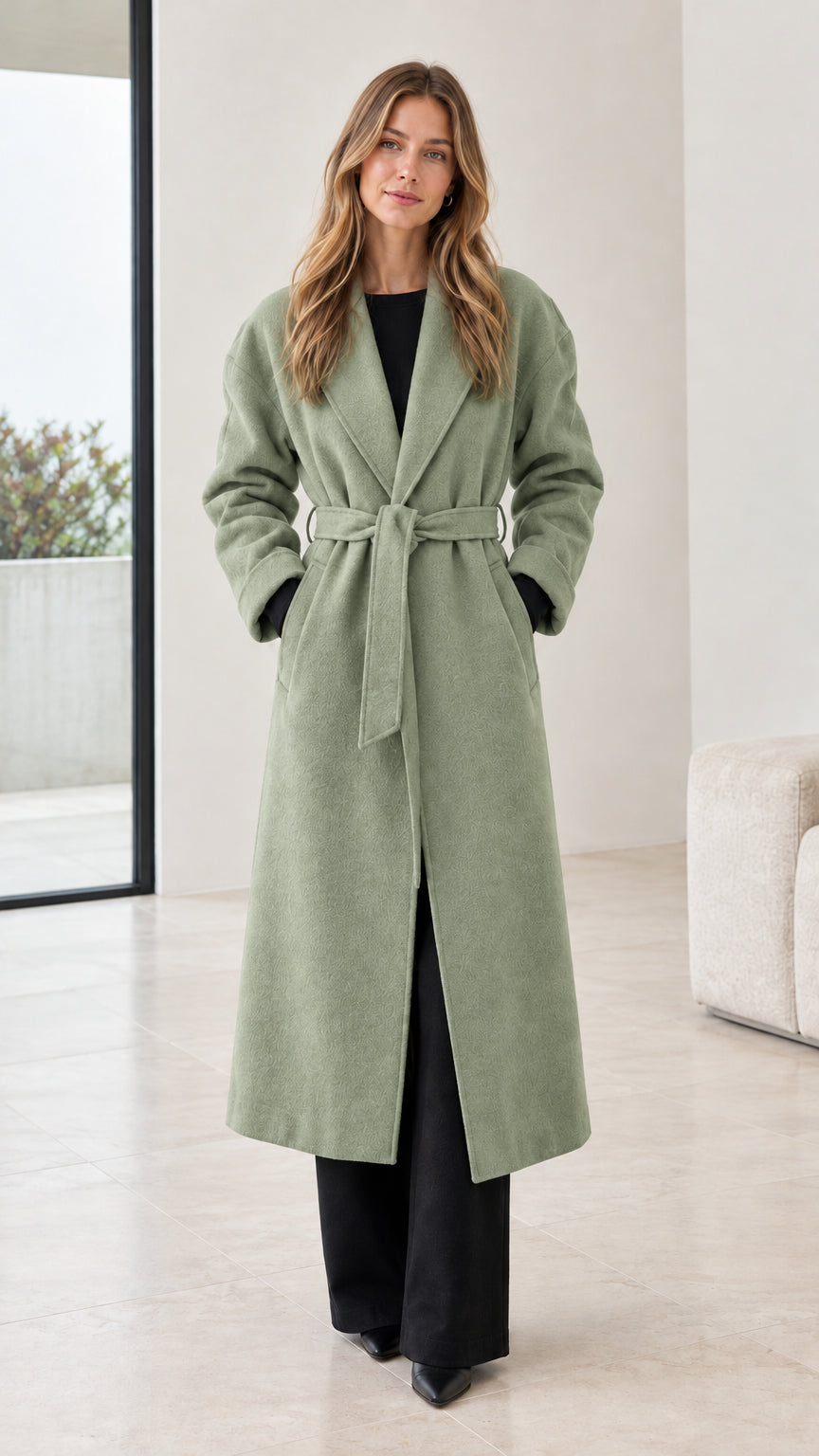 Model wearing the long belted overcoat in sage green