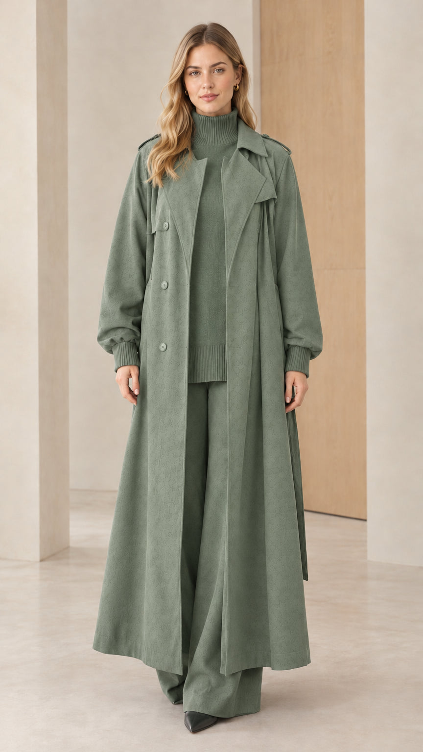 Full-length front view of woman wearing sage green maxi trench coat