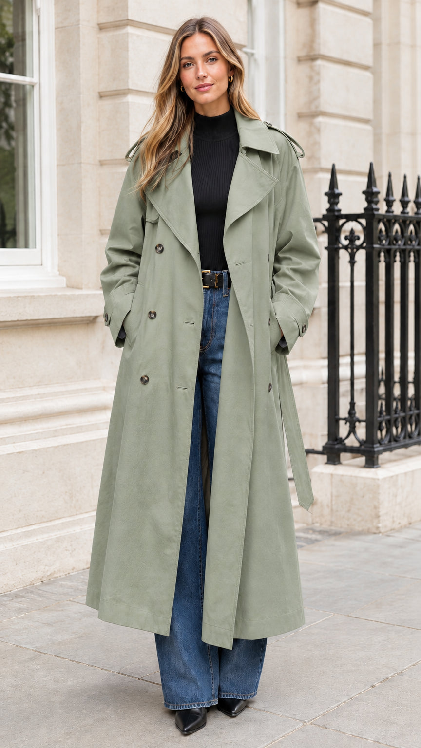 Full-length view of a woman wearing a sage green double-breasted trench coat