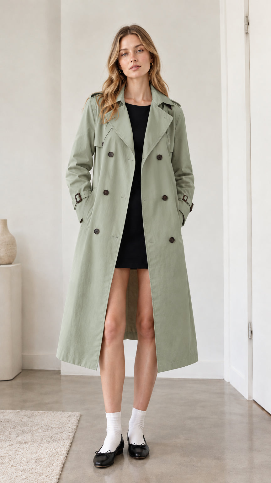 Full front view of model wearing sage green double-breasted trench coat