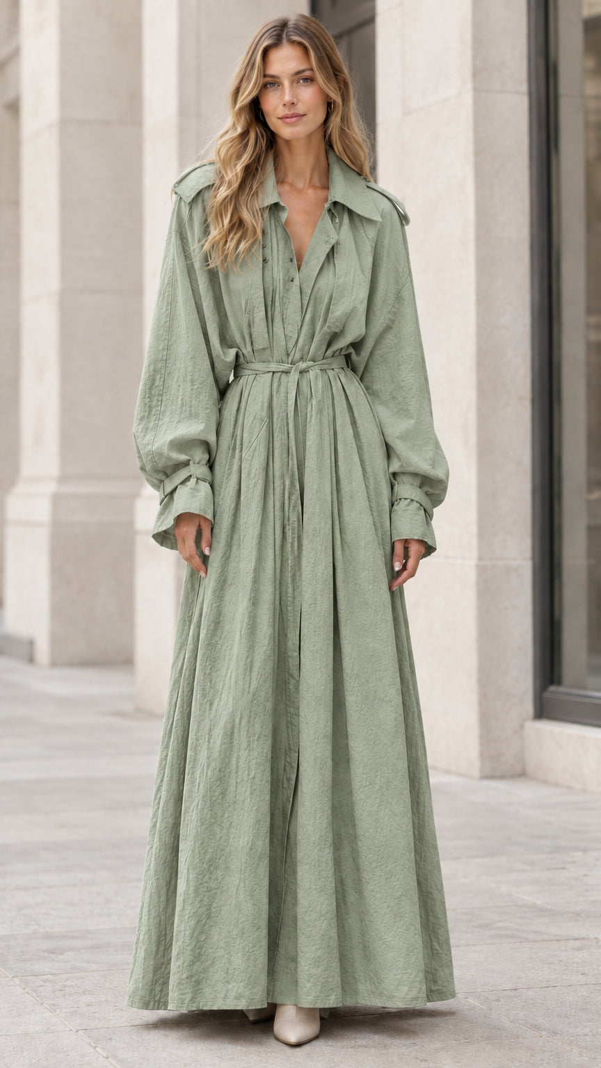 Model wearing the long sleeve belted trench maxi dress in subtle sage green