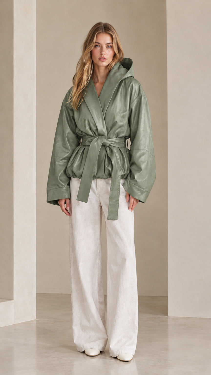 Front view of model wearing sage green hooded belted faux leather wrap jacket