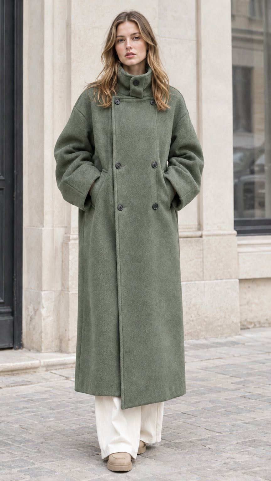 Front full view of woman wearing Sage Green double-breasted high neck maxi overcoat