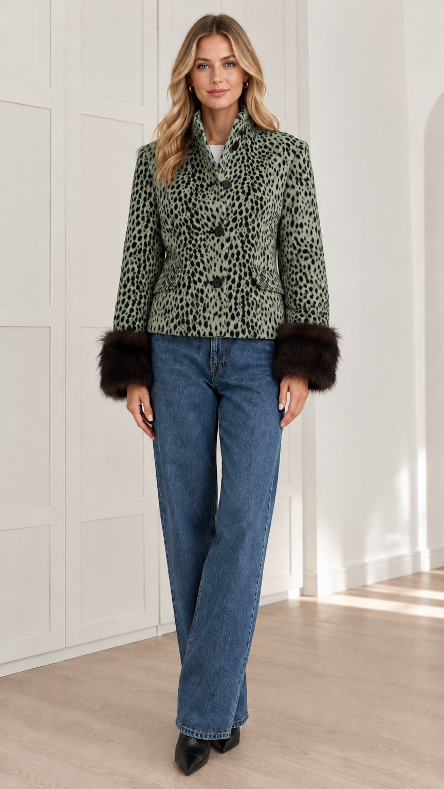Front view of sage green leopard print jacket with faux fur cuffs and jeans