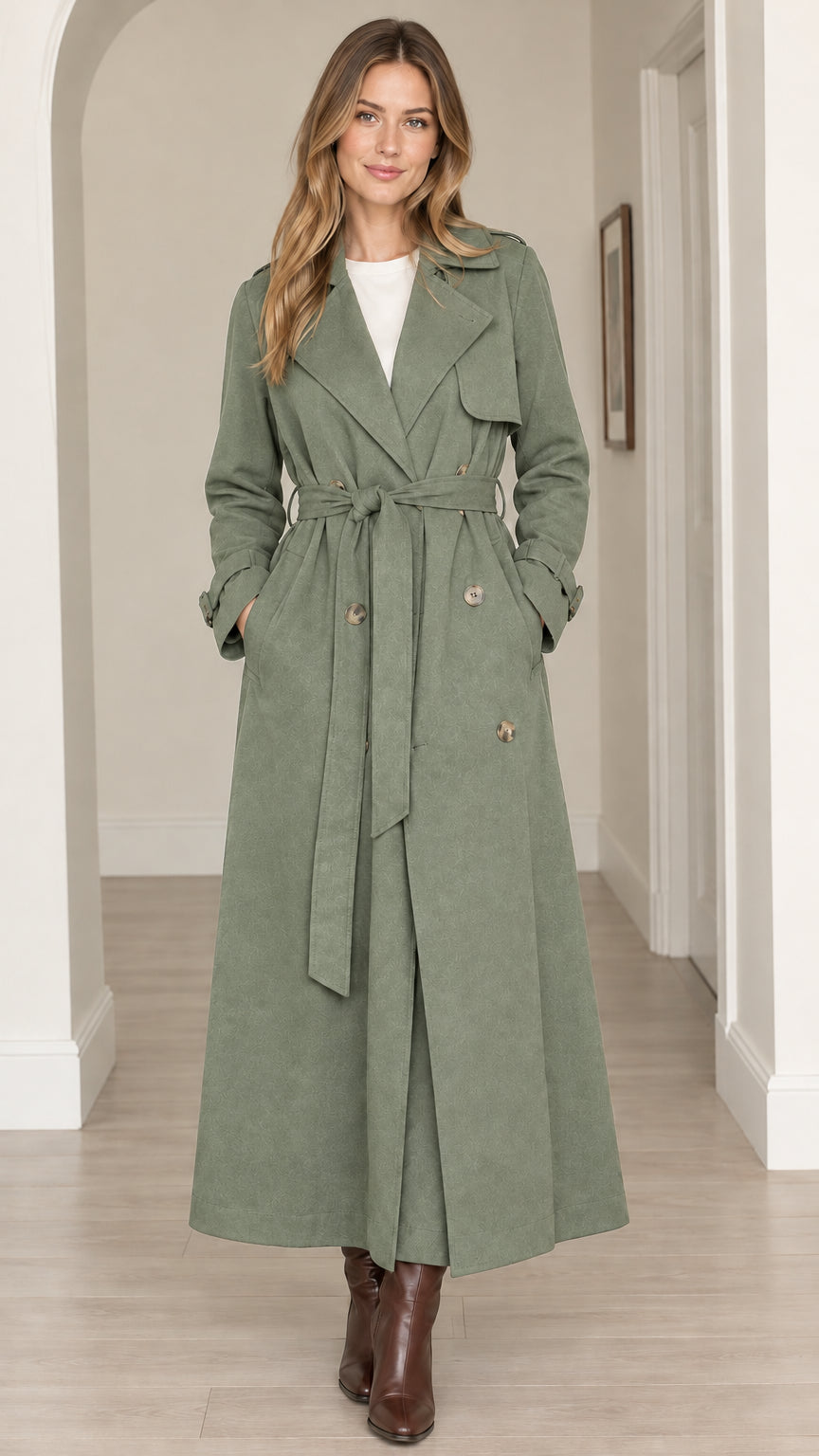 Front view of women's maxi long trench coat in sage green