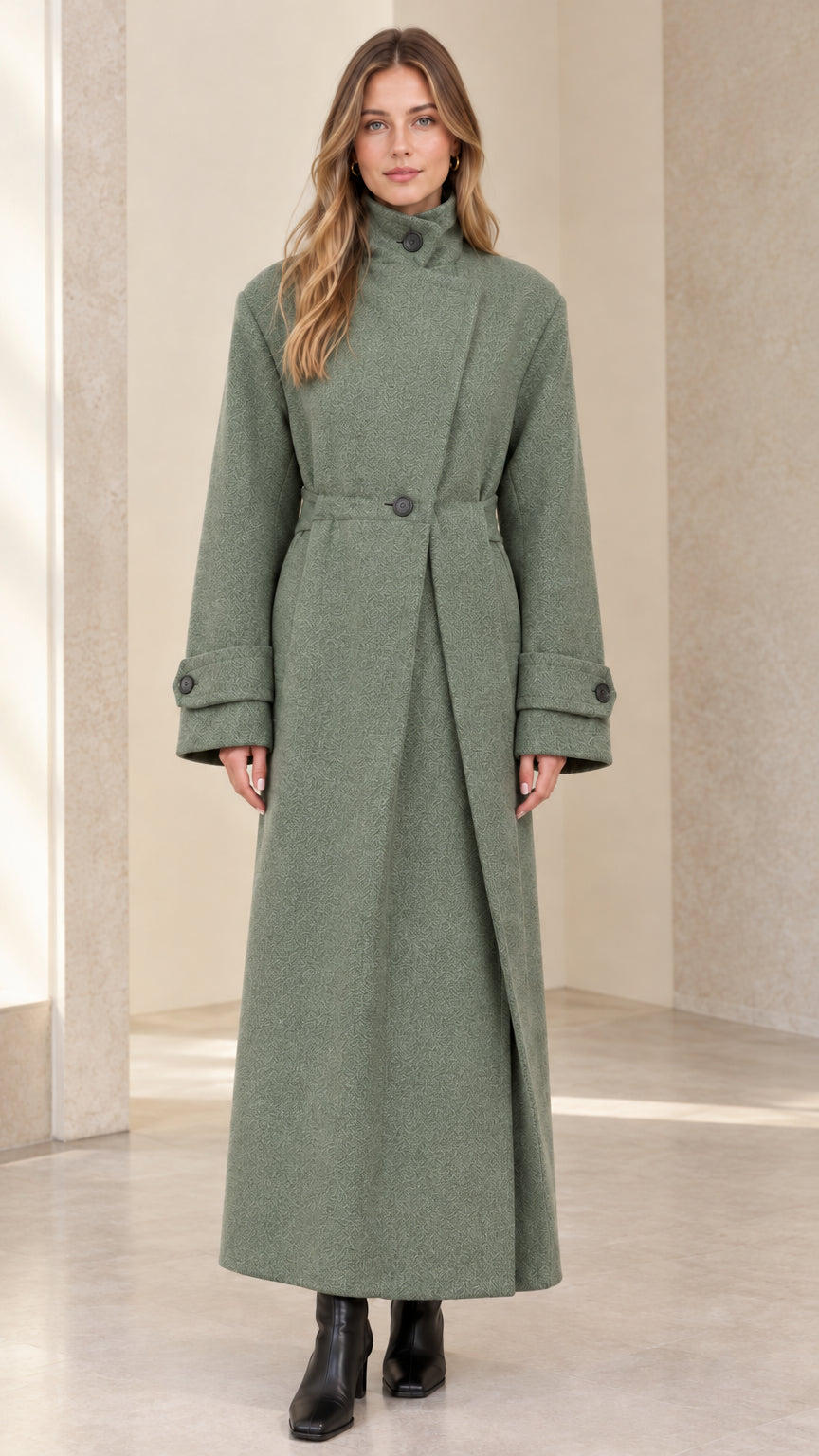 Front full-length view of model wearing sage green asymmetric high-neck belted maxi coat