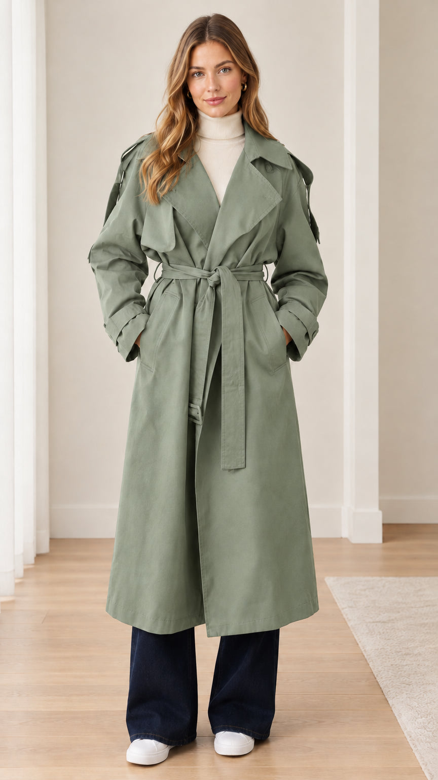 Front view of model wearing sage green longline belted trench coat