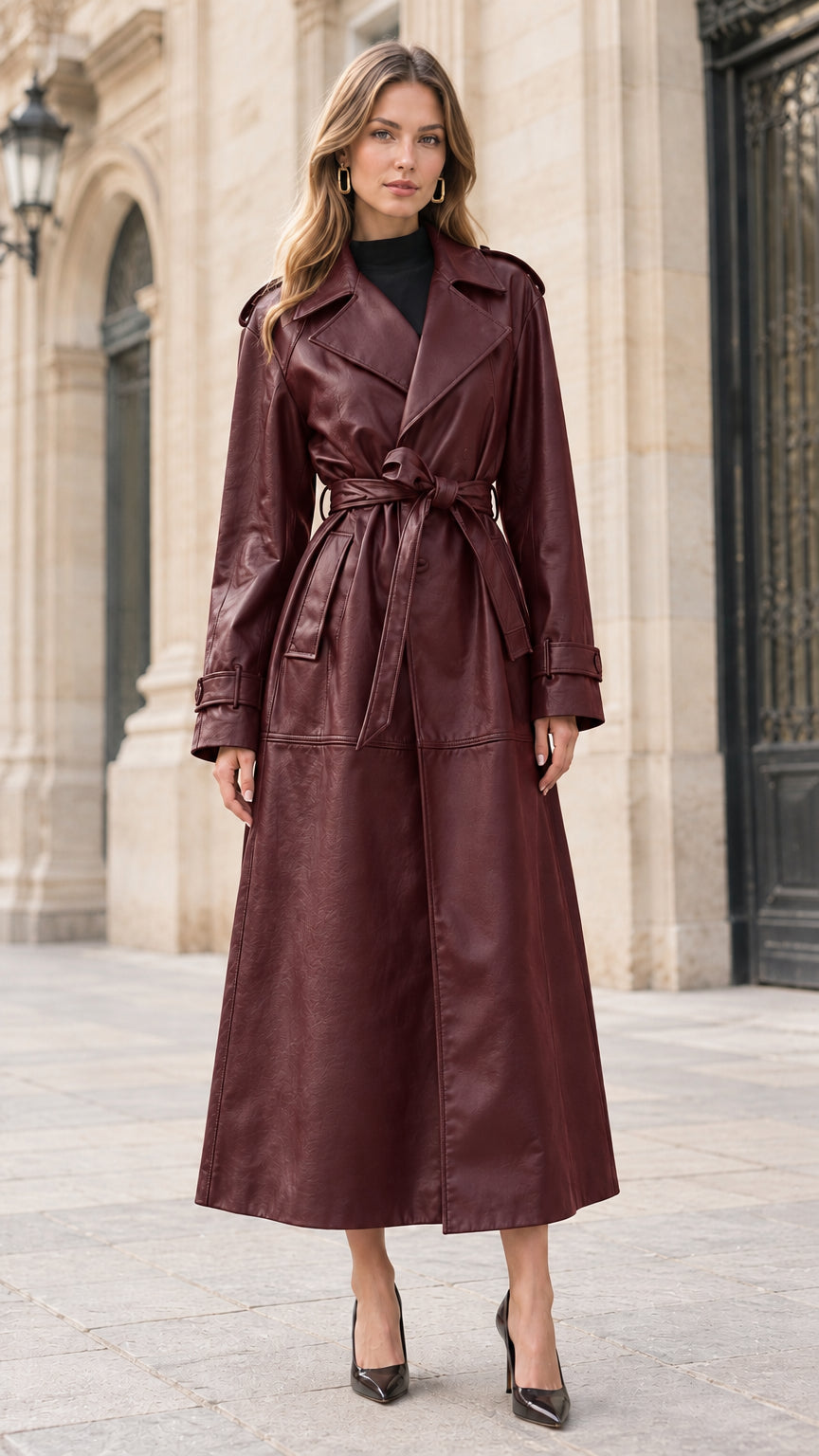 Front view of woman wearing burgundy wine red faux leather maxi trench coat
