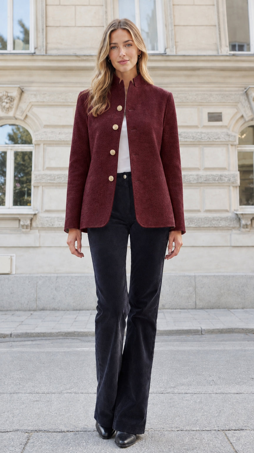 Front view of a woman wearing a burgundy red textured stand collar tailored blazer jacket