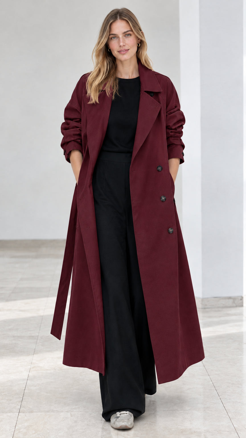 Front view of model wearing burgundy double breasted long trench coat