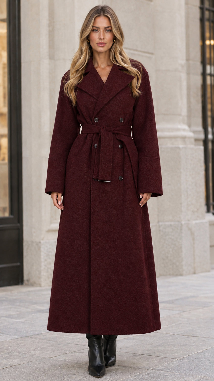 Full-length front view of burgundy double-breasted belted maxi coat