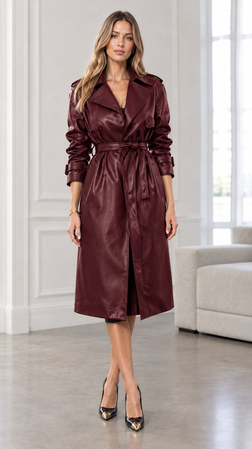 Model wearing deep burgundy faux leather belted midi trench coat