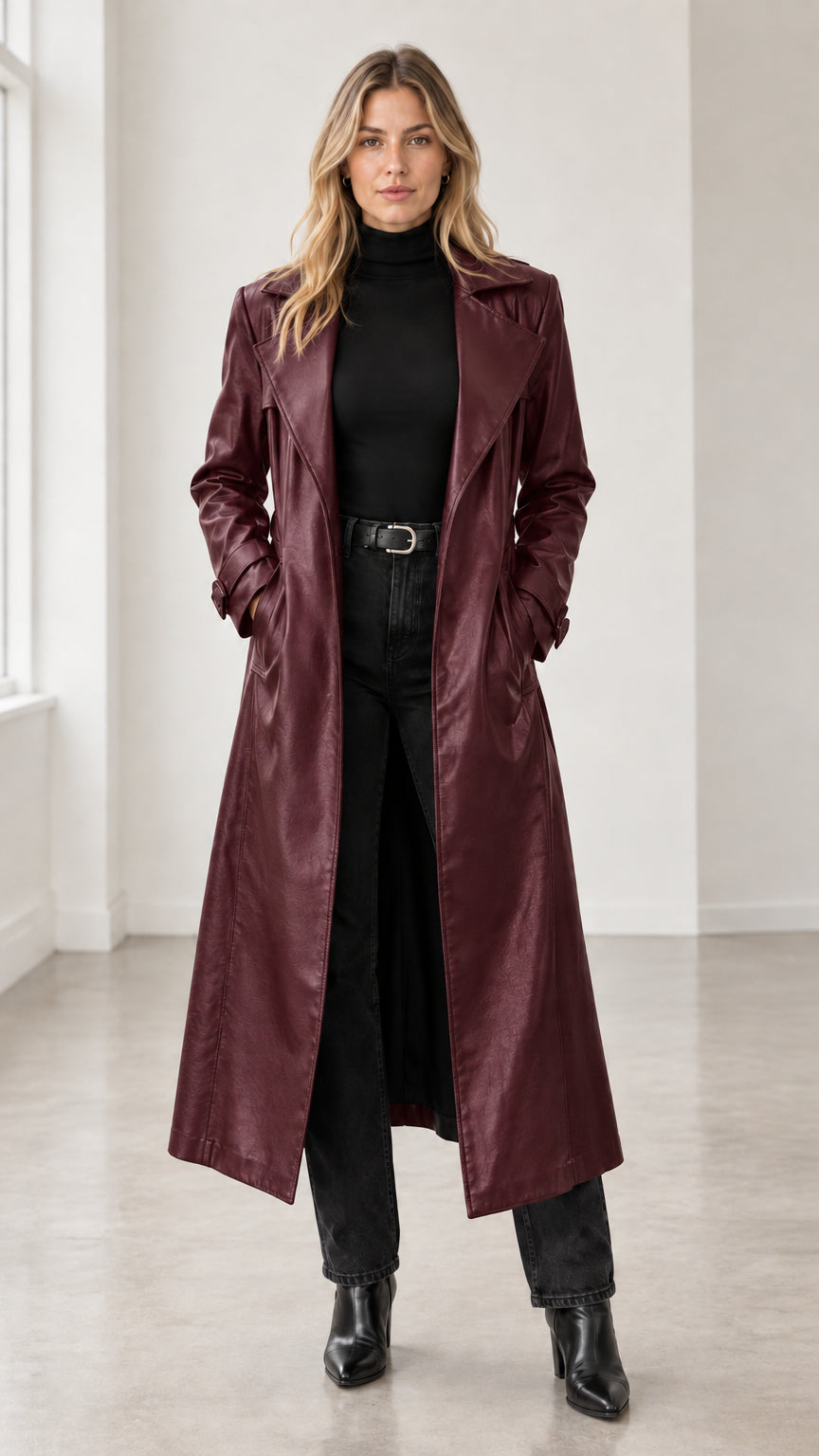 Front view of woman wearing deep burgundy full-length faux leather trench coat