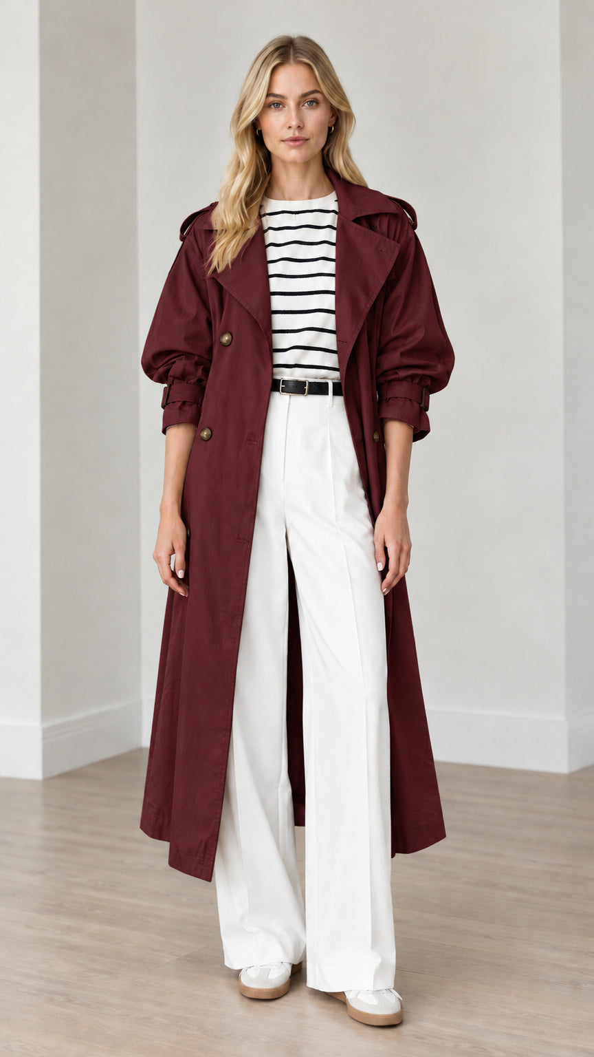 Full-length front view of woman wearing burgundy double-breasted long trench coat