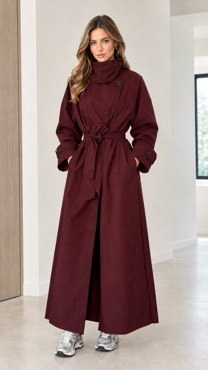 Front full view of a woman wearing a burgundy red full-length trench coat
