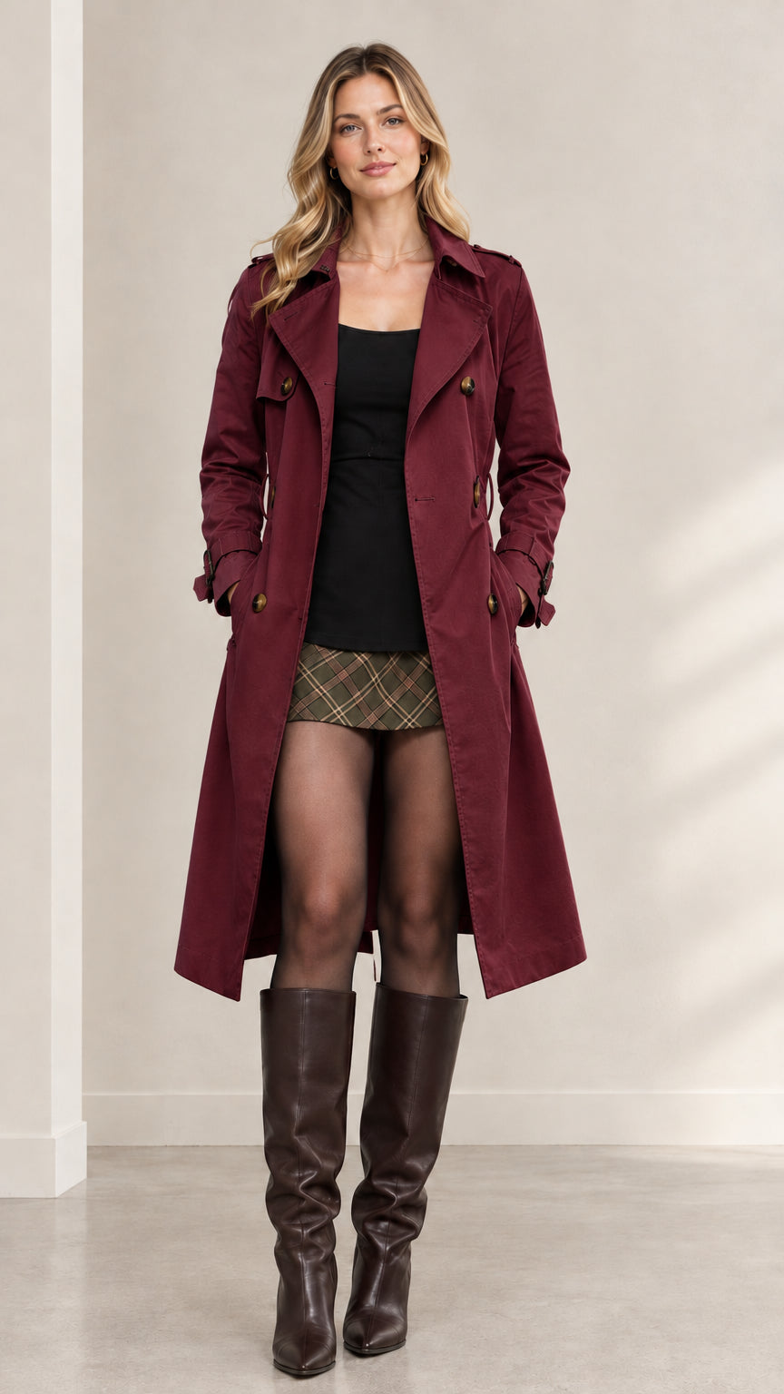 Full front view of model wearing burgundy wine double-breasted long trench coat