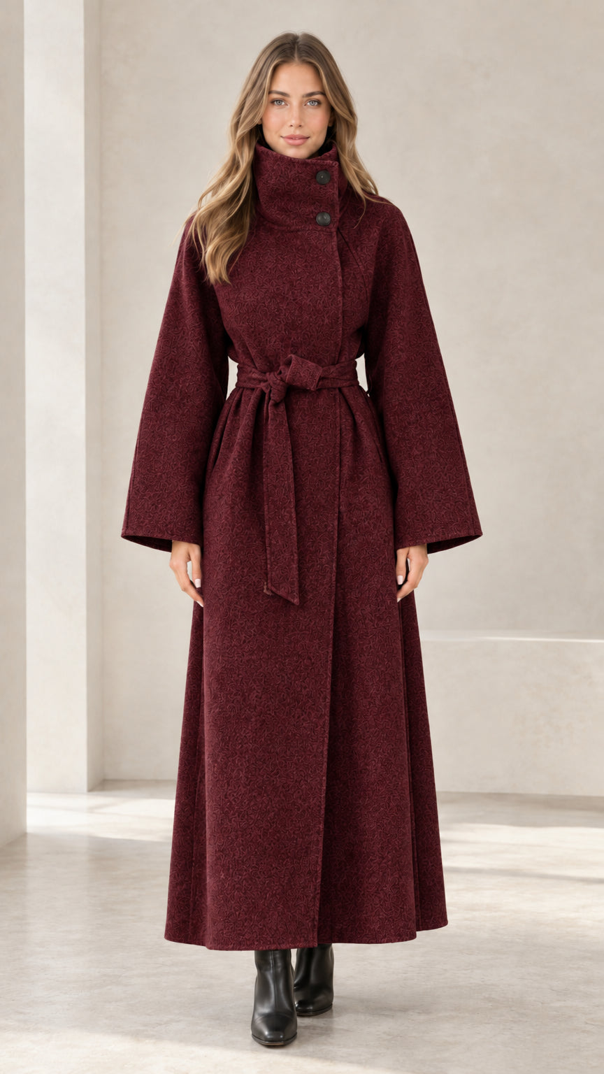 Front view of women's burgundy wine red high-neck maxi belted trench coat