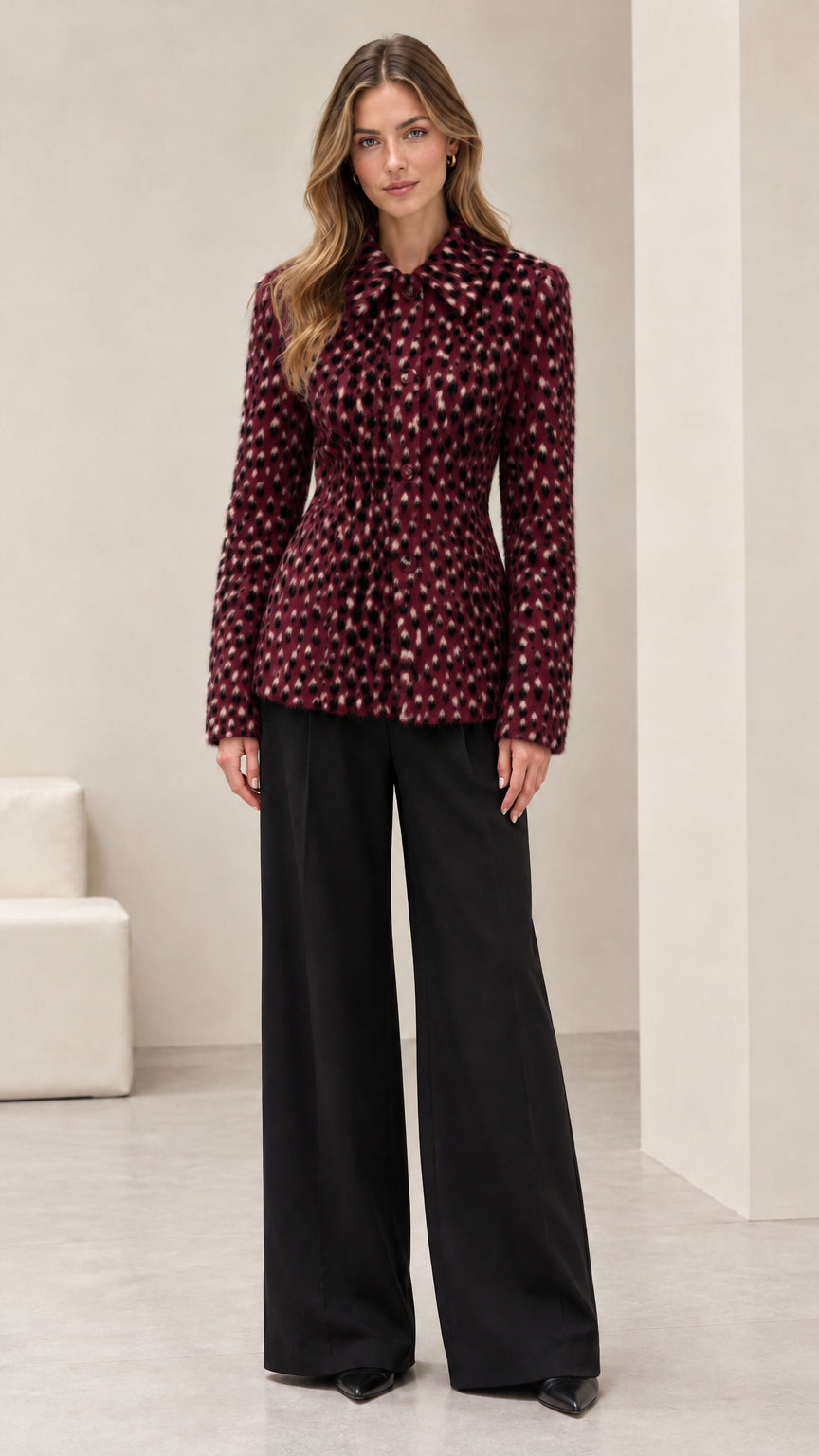 Front view of burgundy red textured animal print tailored jacket with black trousers